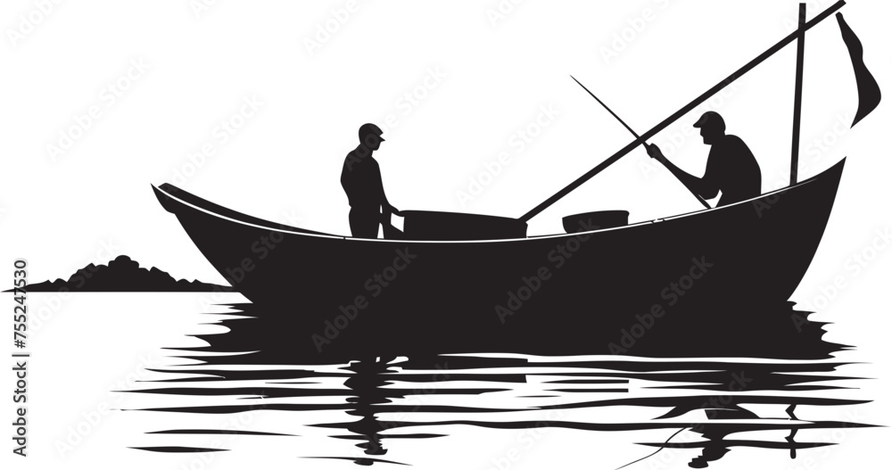 Tide Tamer Small Boat Fisherman Emblem in Vector Seafaring Silhouette Vector Logo Design with Fisherman on Small Boat Tide Tamer Small Boat Fisherman Emblem in Vector Seafaring Silhouette Vector Logo Design with Fisherman on Small Boat