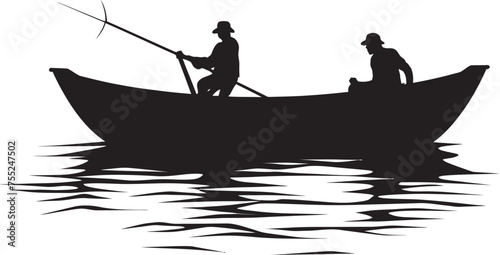 Nautical Nomad Vector Logo Design with Fisherman on Small Boat River Roamer Small Boat Fisherman Icon in Vector