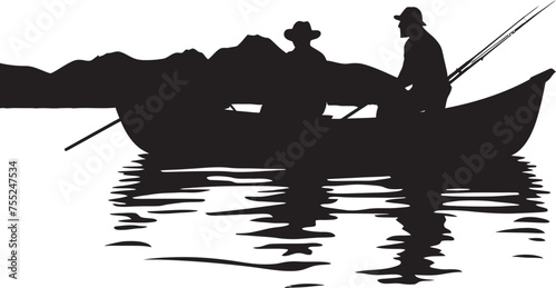 River Roamer Fisherman on Small Boat Icon Shoreline Serenade Small Boat Vector Logo Design
