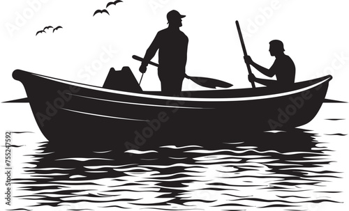 Winged Voyager Vector Logo Design with Fisherman on Small Boat Aqua Adventure Small Boat Fisherman Emblem in Vector