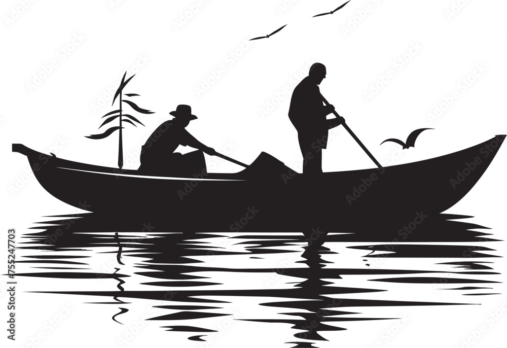 Waterside Wanderer Fisherman on Small Boat Icon Aquatic Explorer Small Boat Vector Logo Design