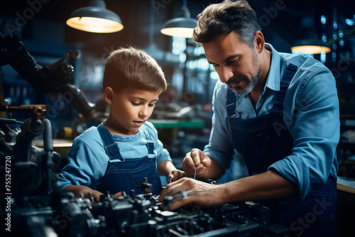 father and son working on a car piece in a garage