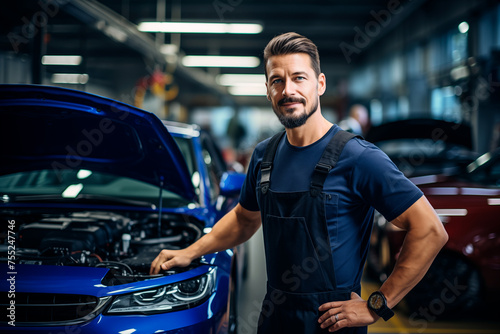 A mechanic man in a blue shirt stands next to a blue car in a shop