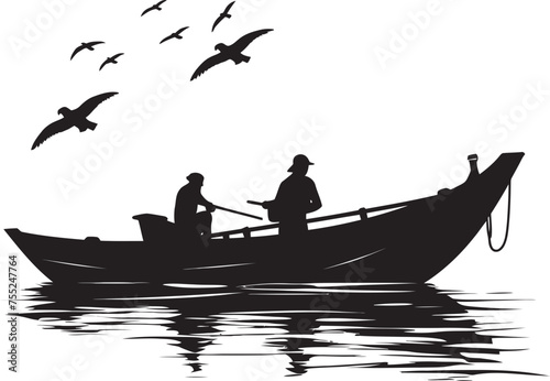 Fishing Frontiers Fisherman on Small Boat Emblem Maritime Maneuver Vector Logo with Small Boat