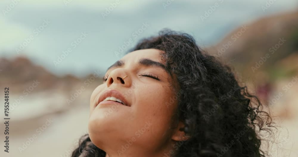 Calm, breathing and woman by beach for travel on vacation, adventure or holiday on island. Peace, relax and face of young female person with meditation by ocean on tropical island weekend trip. Calm, breathing and woman by beach for travel on vacation, adventure or holiday on island. Peace, relax and face of young female person with meditation by ocean on tropical island weekend trip.