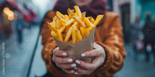 Closeup view of woman s hands offering french fries