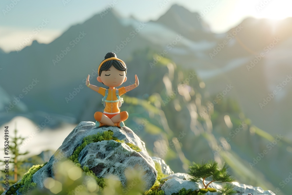 Animated Girl on Mountain Top in Zen Style, An inspiring and uplifting piece of digital art that showcases a character standing on a mountain top, - obrazy, fototapety, plakaty 