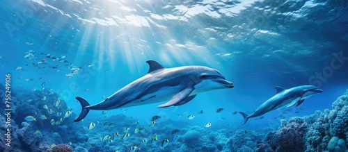 A pair of Common dolphins gracefully swim in the electric blue liquid world near a coral reef. Their sleek fins cut through the water as they play in their underwater paradise