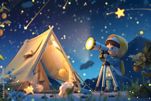 Children Stargazing from a Tent on a Starry Night, To convey a sense of wonder and curiosity about the night sky, and to show the fun and educational photo