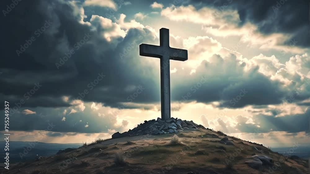 Holy cross under dramatic sky on Golgotha hill, Crucifixion and resurrection of Jesus. Easter concept Holy cross under dramatic sky on Golgotha hill, Crucifixion and resurrection of Jesus. Easter concept