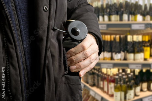 Photos theft incident as a shoplifter attempts to steal a bottle of alcohol equipped with a Magnetic RF Bottle Tag security device, shoplifting anti-theft protection in-store operations