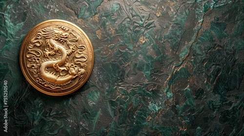 top view,minimalist background of The Emperor Jade Seal, the Chinese Dragon, is made from jade and has a square base made of gold on a black jade floor,copy space