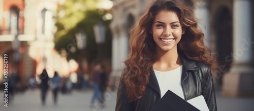 A confident young Latin woman, wearing a black and white shirt and jacket, stands on the street smiling while holding books.