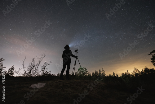 Male landscape astrophotographer with a camera on a tripod outdoors in early spring at night under the starry sky.