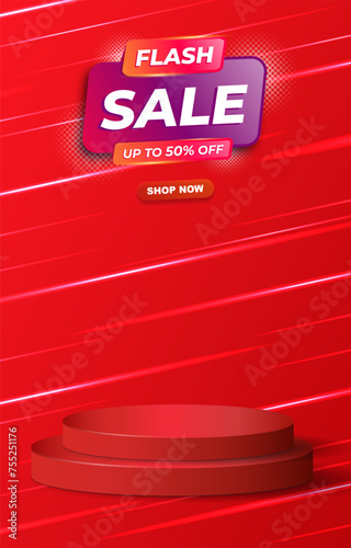 flash sale discount template banner with blank space 3d podium for product sale with abstract gradient red and purple background design