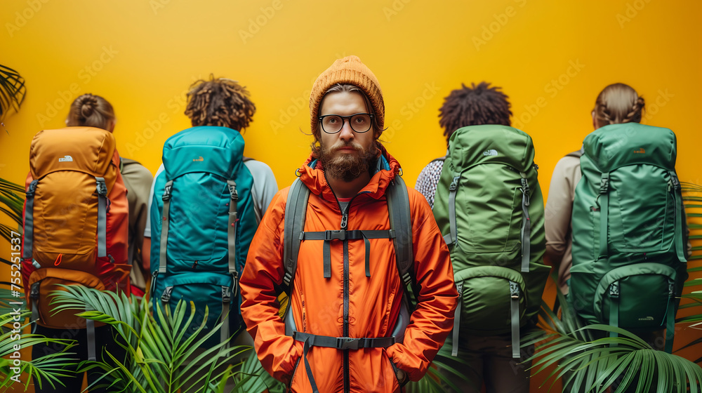 Adventurer with Backpack Standing Against Yellow Background