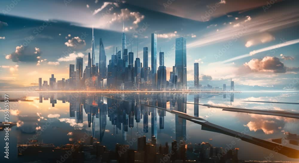 Modern architecture skyline reflecting on the water