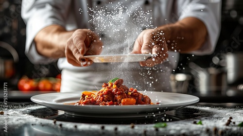 a chef forming a white plate Hungary’s Goulash, in the style of luxurious textures, wimmelbilder, sharp & vivid colors, selective focus, shaped canvas, groundcore, tachist generative ai photo