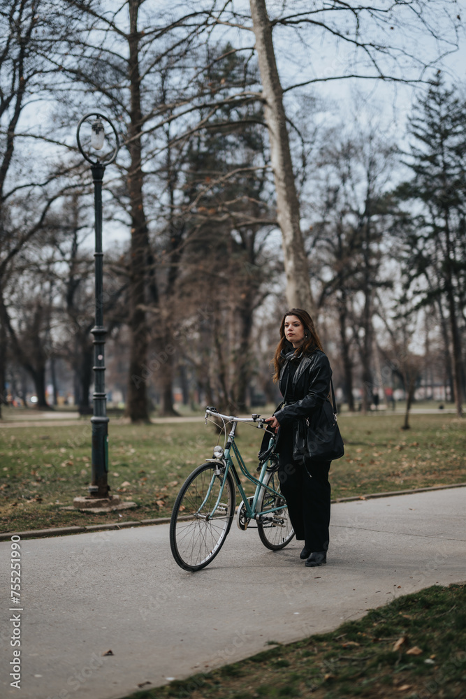 A businesswoman with her bicycle takes a moment of leisure in an urban park setting within the city.
