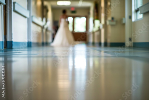 A blurred bride stands at the end of a brightly lit hallway  anticipation in the air.