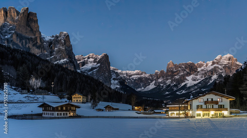 A serene twilight scene with illuminated houses against a backdrop of towering snowcovered mountains under a clear starry sky