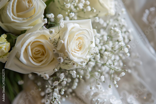 Elegant white rose bouquet with delicate baby's breath on a lace background.