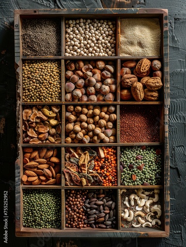 many browns, nuts, lentils, and seeds on top of wooden tray, in the style of dark pink and light green, japanese inspiration, rectangular fields, sabattier effect