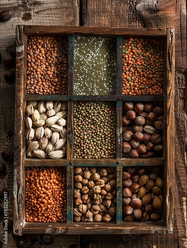 many browns, nuts, lentils, and seeds on top of wooden tray, in the style of dark pink and light green, japanese inspiration, rectangular fields, sabattier effect photo