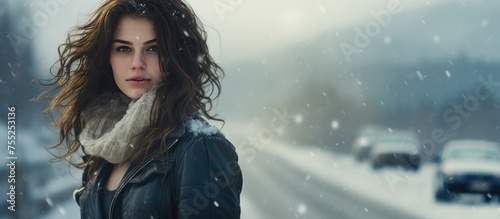 A young woman stands on a snow-covered road, her hair blowing in the wind as she gazes into the distance. photo