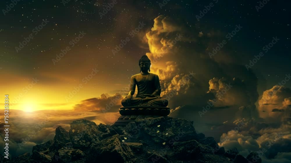 Enlightened Nights: Bhuda Statue Radiating Peace against a Beautiful Night Sky. Seamless looping time-lapse virtual 4k video animation background Enlightened Nights: Bhuda Statue Radiating Peace against a Beautiful Night Sky. Seamless looping time-lapse virtual 4k video animation background