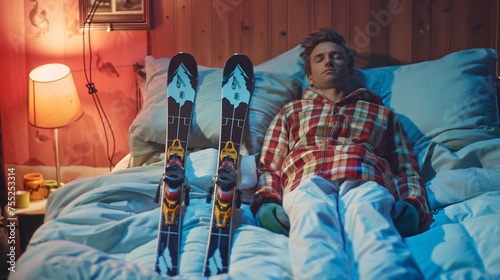 Person lying on a bed at night, man sleeping in ski suit and gloves next to his pair of skis, sportive guy who loves skiing, committed to his passion for sports, eager to go and hit the slopes photo