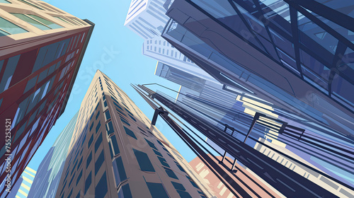 Upward view of stylized skyscrapers against a clear blue sky depicted in a vibrant modern abstract art style