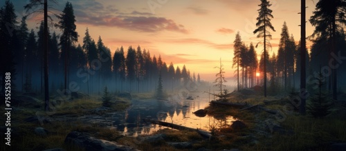 As the sun sets, a river cuts through the forest, framed by a colorful sky with clouds. The natural landscape paints a freezing dusk scene, trees and plants reflecting in the water