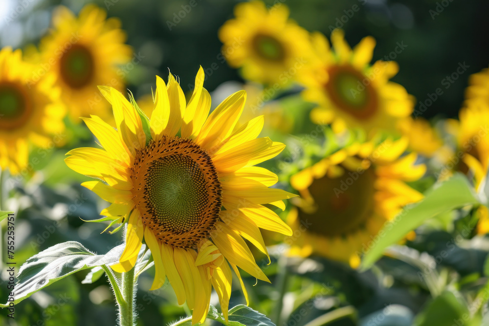 Closeup of bright yellow and green sunflowers in the field on a sunny day. Closeup of bright yellow and green sunflowers in the field on a sunny day.