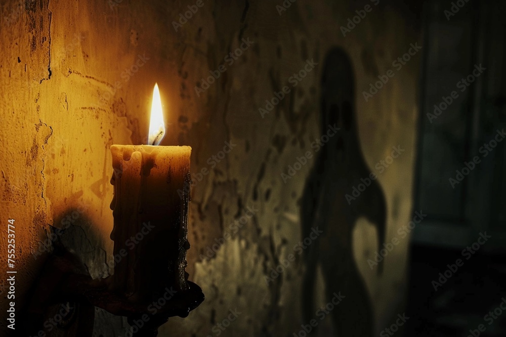 Close up of a flickering candle in a dark room with a ghostly shadow moving across the wall