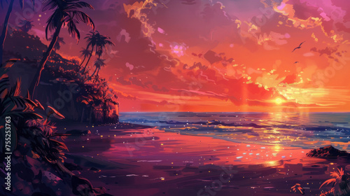 A vibrant illustrative abstract background of a tropical beach scene.