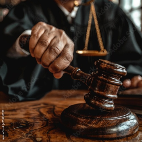 Close up of a lawyers hands holding a gavel in a courtroom