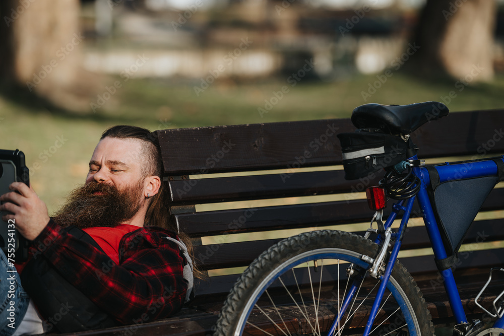 Bearded businessman in casual plaid shirt using tablet while resting on park bench next to his bicycle in urban setting.
