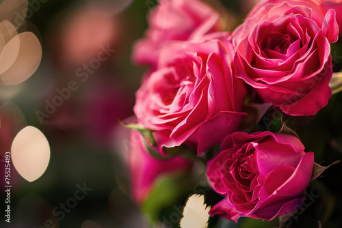 Vibrant pink roses in full bloom with a soft bokeh light background.