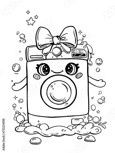 Cute washing machine with soap suds and bubbles. Cartoon character coloring book.