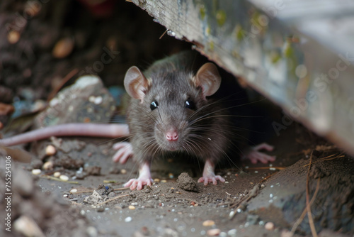 A large brown rat standing on the ground under a house looking at camera.
