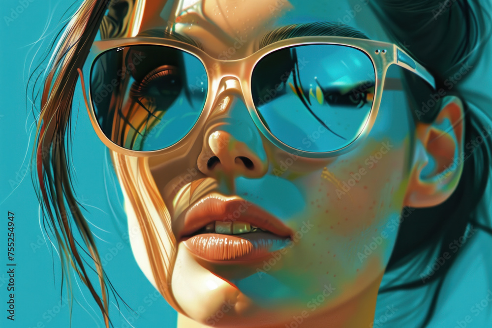 Illustrative summer themed portrait of a young woman wearing sunglasses looking at camera on blue background.