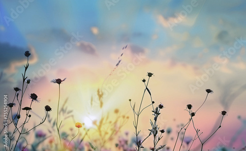 Wildflowers and herbs on the background with sun flare and setting sun. Summer spring autumn botanical illustration for banners, posters, brochures