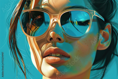 Illustrative summer themed portrait of a young woman wearing sunglasses looking at camera on blue background. © Derrick