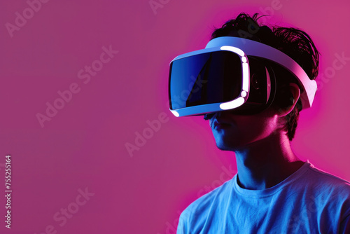 A person wearing a white and black VR headset on magenta background.