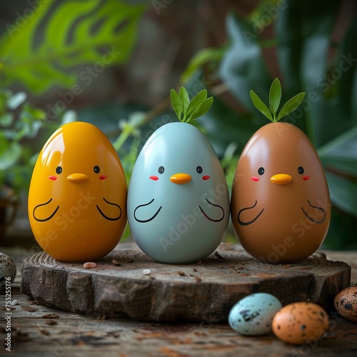 Three adorable Easter egg characters with chicken faces sitting on a wooden board amidst speckled Easter eggs and greenery in a cheerful setting.