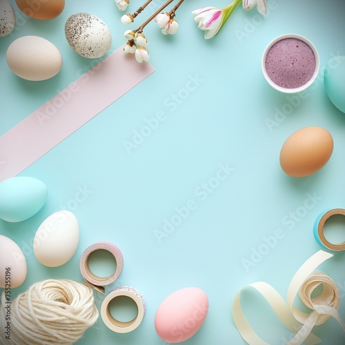 A monochromatic pastel background dominates the picture with enough space for your own text. On the edge are Easter decorations with flower motifs and eggs, creating a atmosphere of the spring holiday