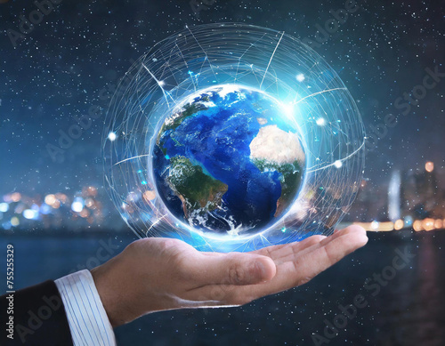 Hands holding globe world, businessman holds a digital globe, 3D earth graphic, world technology photo