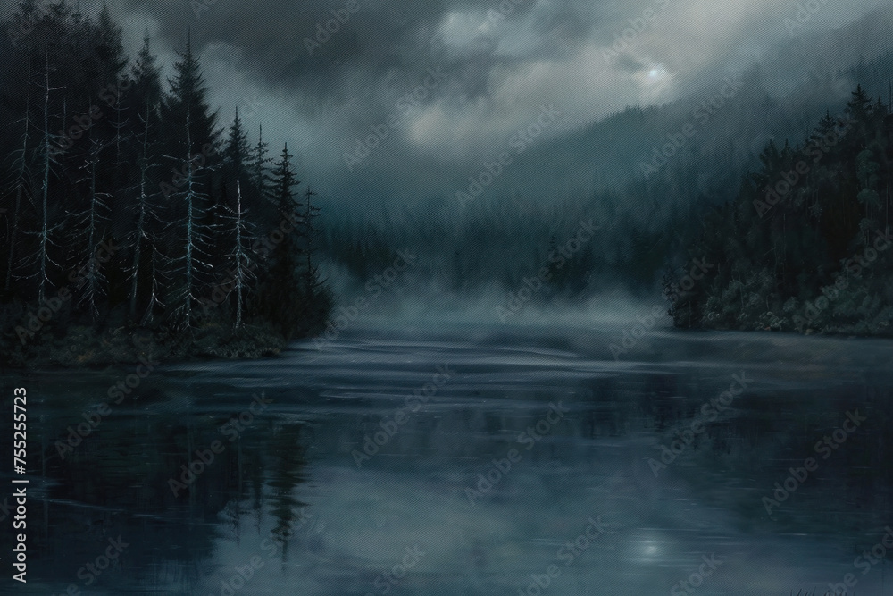 Misty Forest Lake at Night