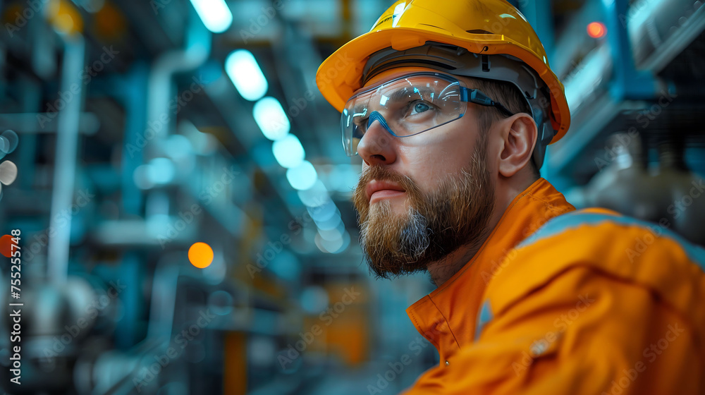 Focused Engineer Inspecting Machinery in Industrial Plant - obrazy, fototapety, plakaty 